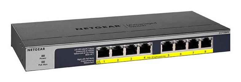 NETGEAR GS108PP Unmanaged Gigabit Ethernet (10/100/1000) Power over (PoE) Black GS108PP-100NAS