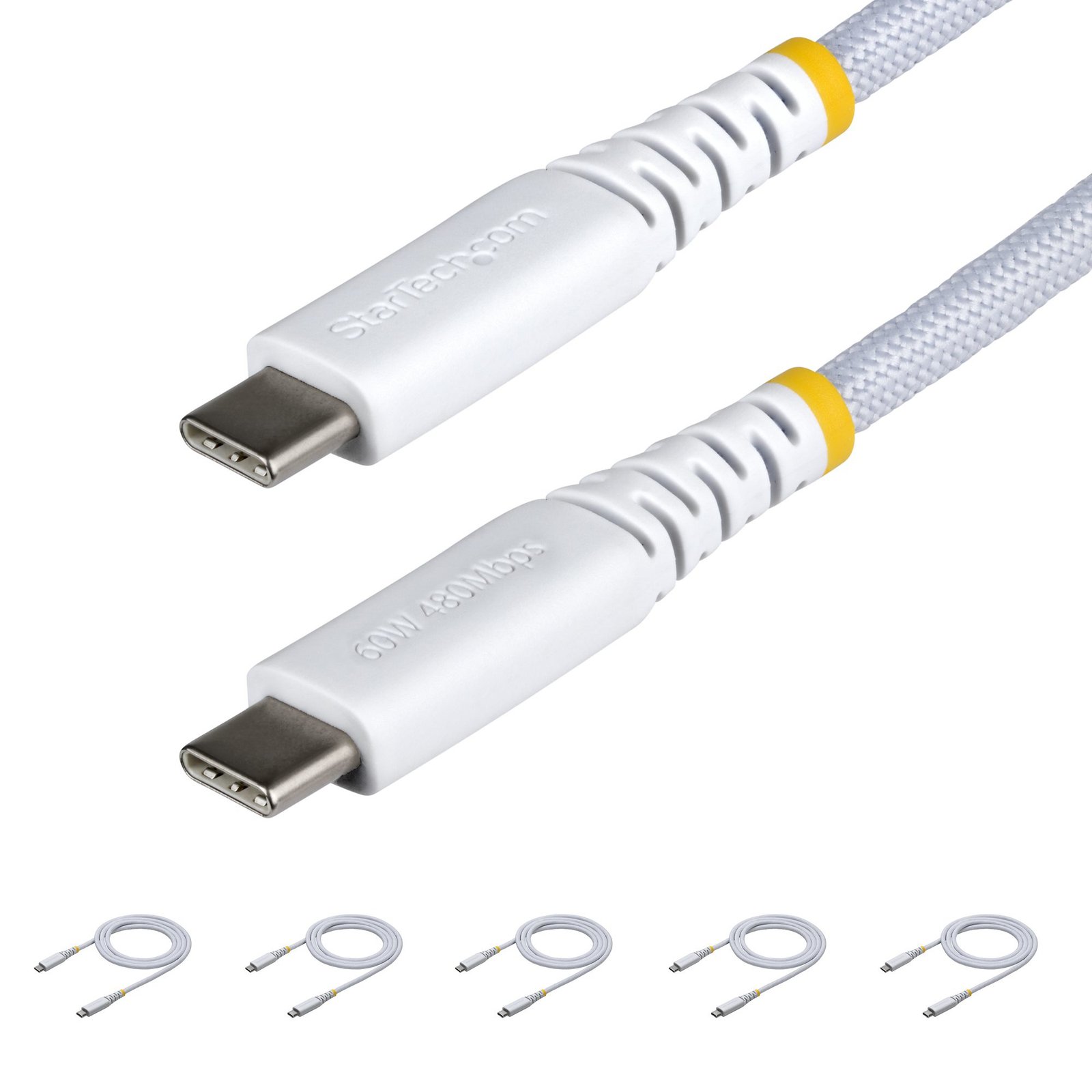 Startech Canada StarTech.com 5-Pack 3ft (91cm) White USB-C Charging Cable, 60W (3A) PD, Dual-Layer USB2CC3FNCBRWH5PK