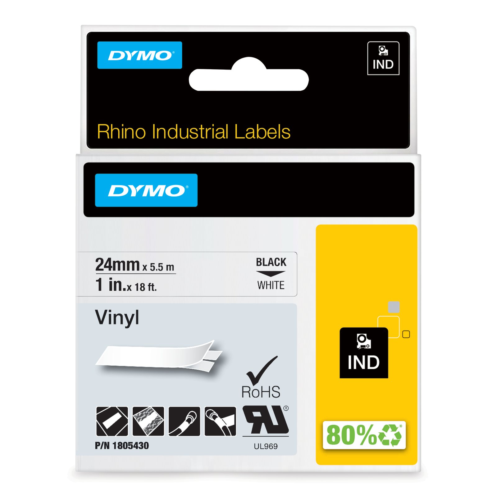 DYMO Rhino Industrial Vinyl Labels | 24 mm x 5.5m | Black Print on White | Self-Adhesive | for 1805430