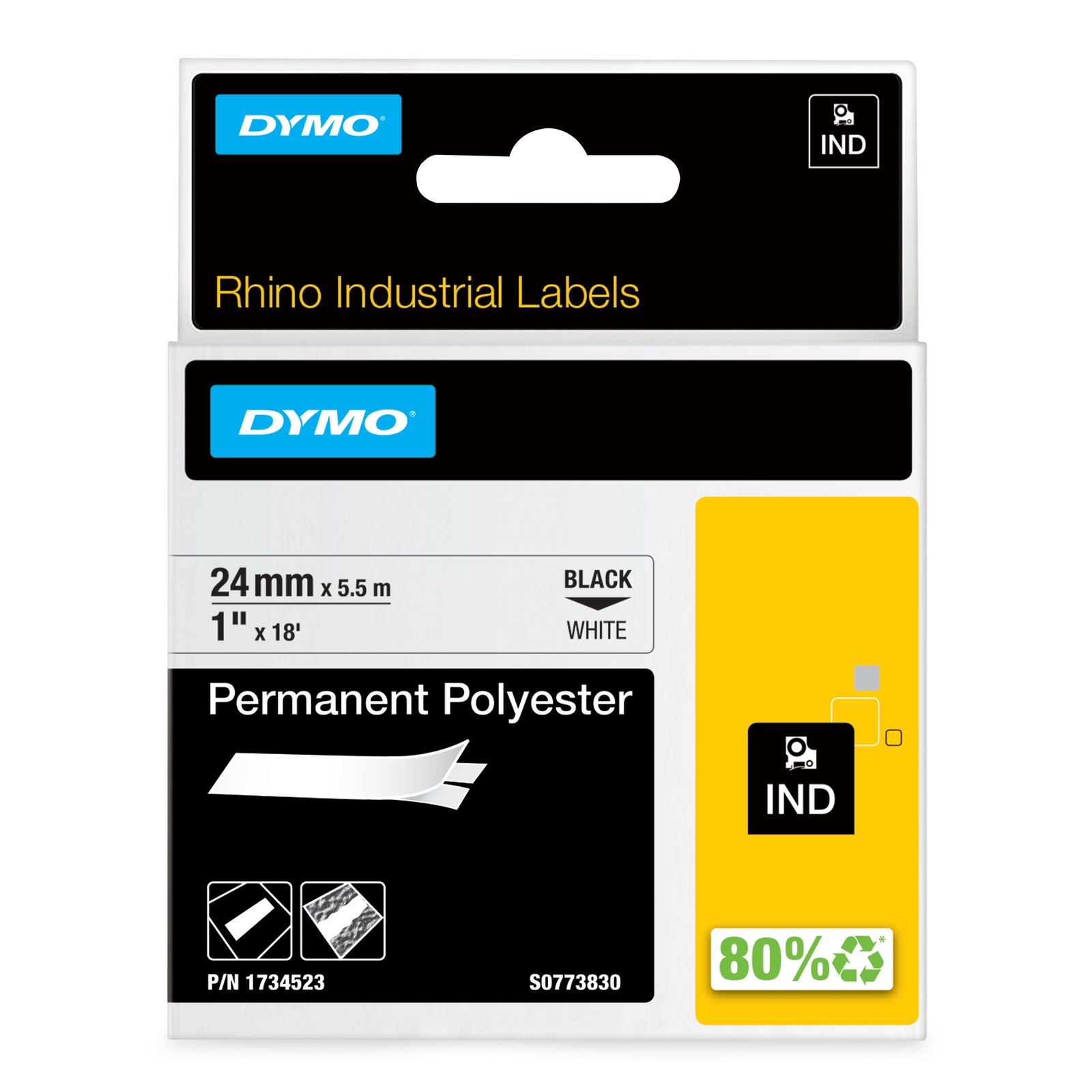 DYMO Rhino Industrial Permanent Polyester Labels | 24 mm x 5.5 m | Black Print on White | 1734523