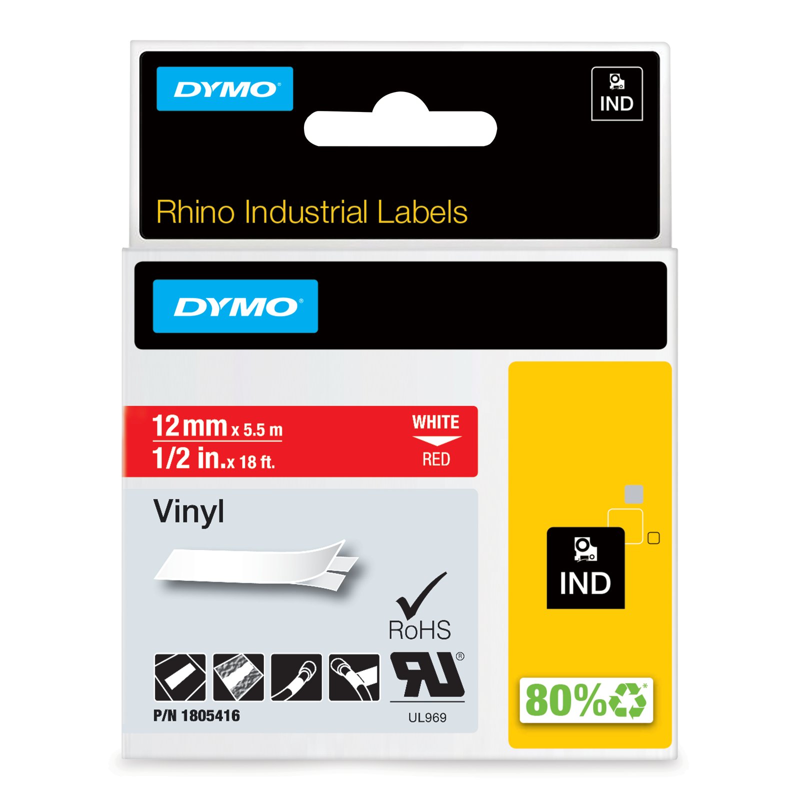 DYMO Rhino Industrial Vinyl Labels | 12 mm x 5.5 m | White Print on Red | Self-Adhesive | for 1805416