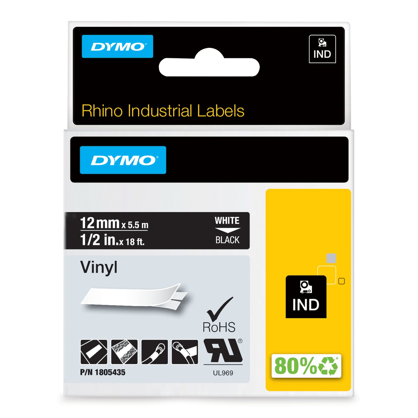 DYMO Rhino Industrial Vinyl Labels | 12 mm x 5.5 m | White Print on Black | Self-Adhesive | for 1805435