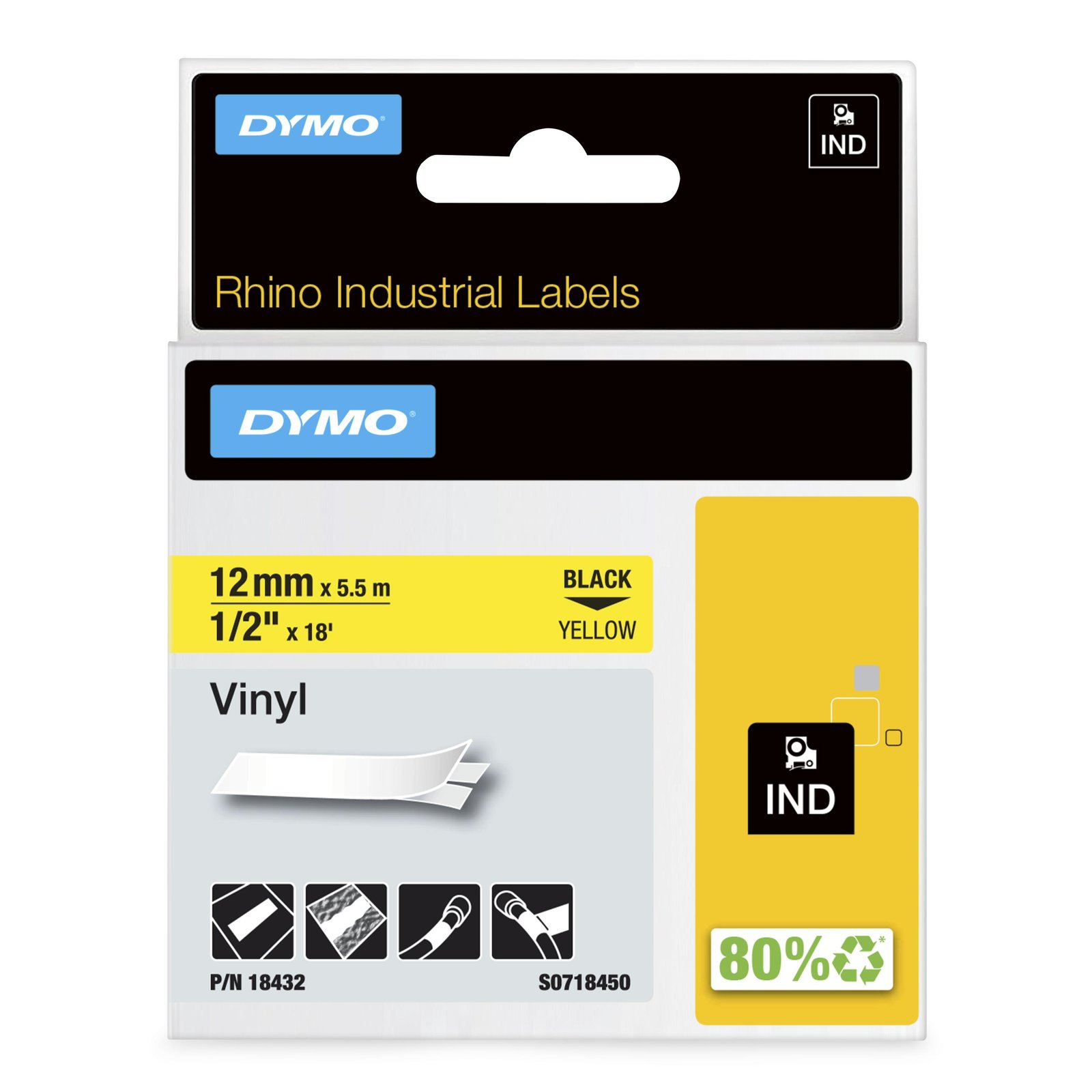 DYMO Rhino Industrial Vinyl Labels | 12 mm x 5.5 m | Black Print on Yellow | Self-Adhesive | for & 18432