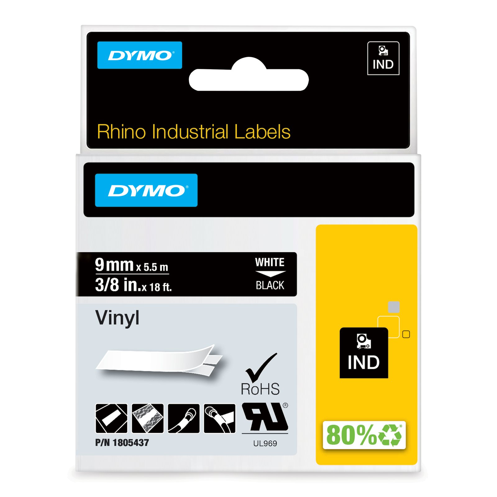 DYMO Rhino Industrial Vinyl Labels | 9 mm x 5.5 m | White Print on Black | Self-Adhesive | for 1805437
