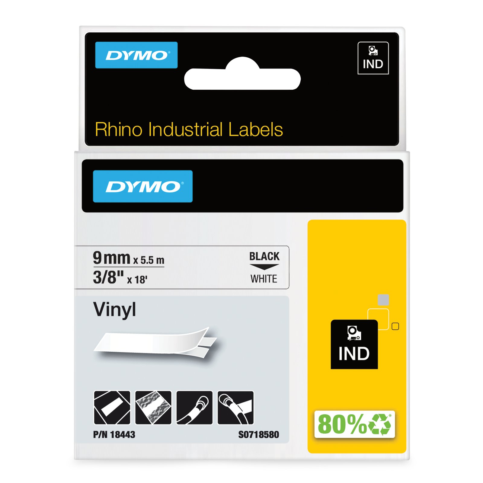 DYMO Rhino Industrial Vinyl Labels | 9 mm x 5.5 m | Black Print on White | Self-Adhesive | for & 18443