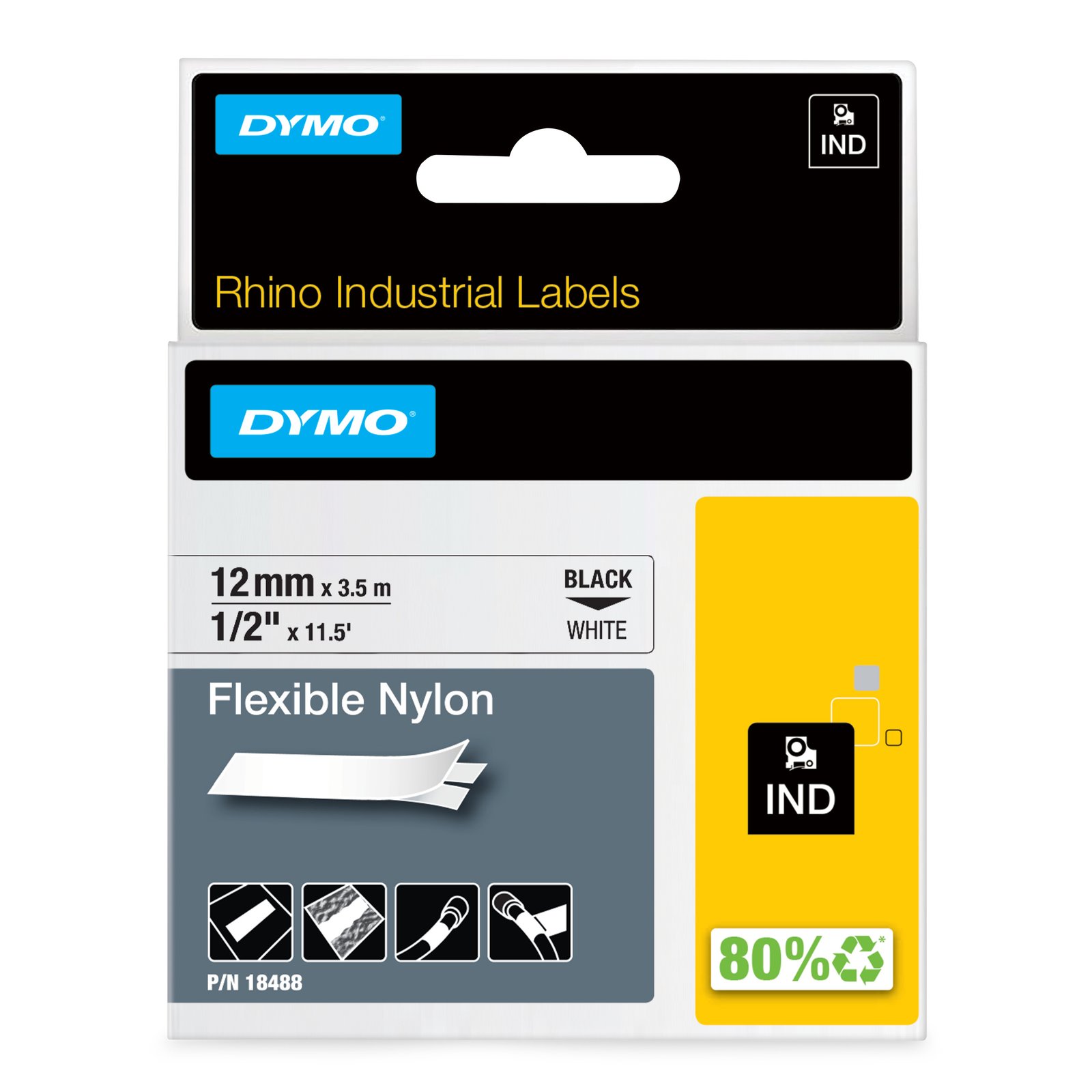 DYMO Rhino Industrial Flexible Nylon Labels | 12 mm x 3.5 m | Black Print on White | Self-Adhesive 18488