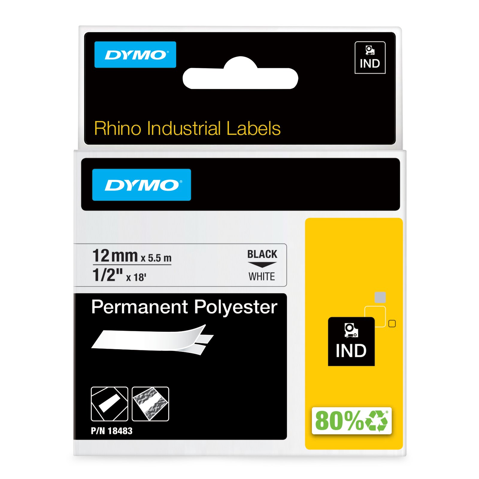 DYMO Rhino Industrial Permanent Polyester Labels | 12 mm x 5.5 m | Black Print on White | 18483