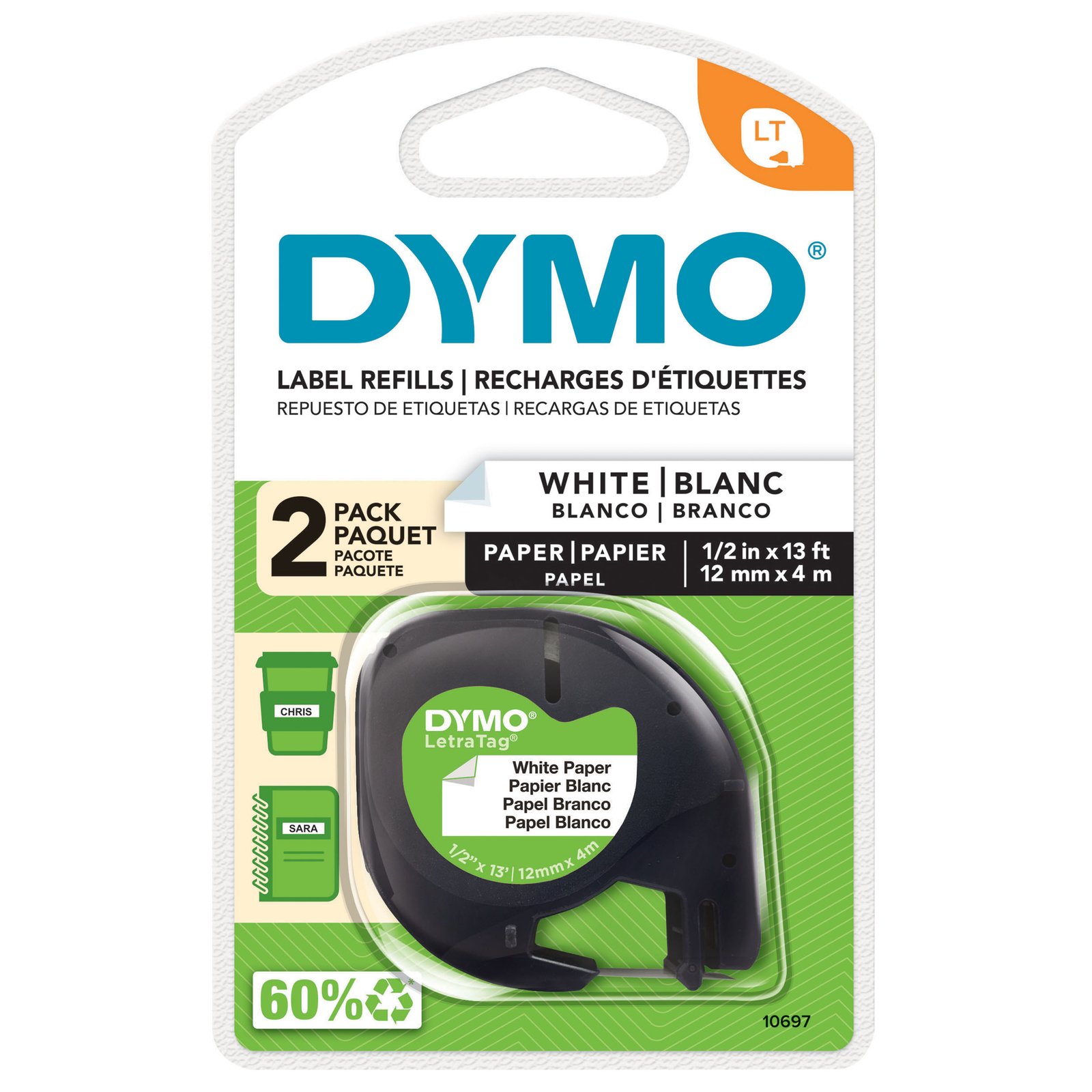 DYMO LetraTag Paper Labels | Authentic | 12 mm x 4 m Roll | Black Print on White | Self-Adhesive 10697