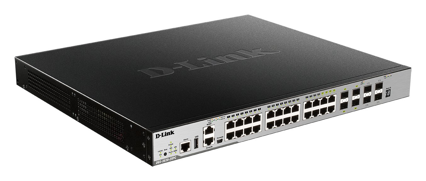 D-Link 24 Port PoE L3 Stackable Managed Gigabit Switch including 4 x 1000BaseT/SFP & 10GE SFP+ DGS-3630-28PC/SI