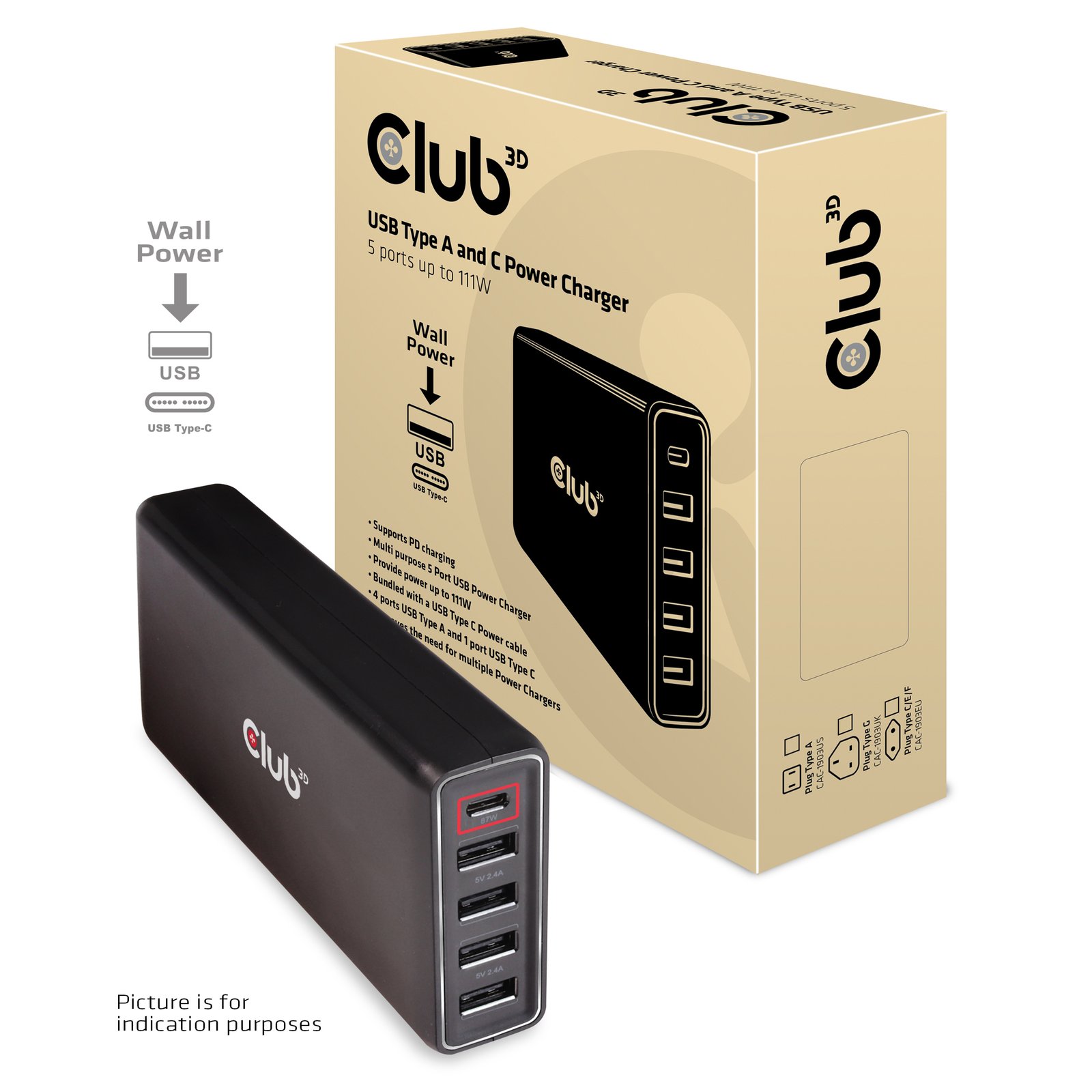 Club 3D CLUB3D USB Type A and C Power Charger, 5 ports up to 111W CAC-1903