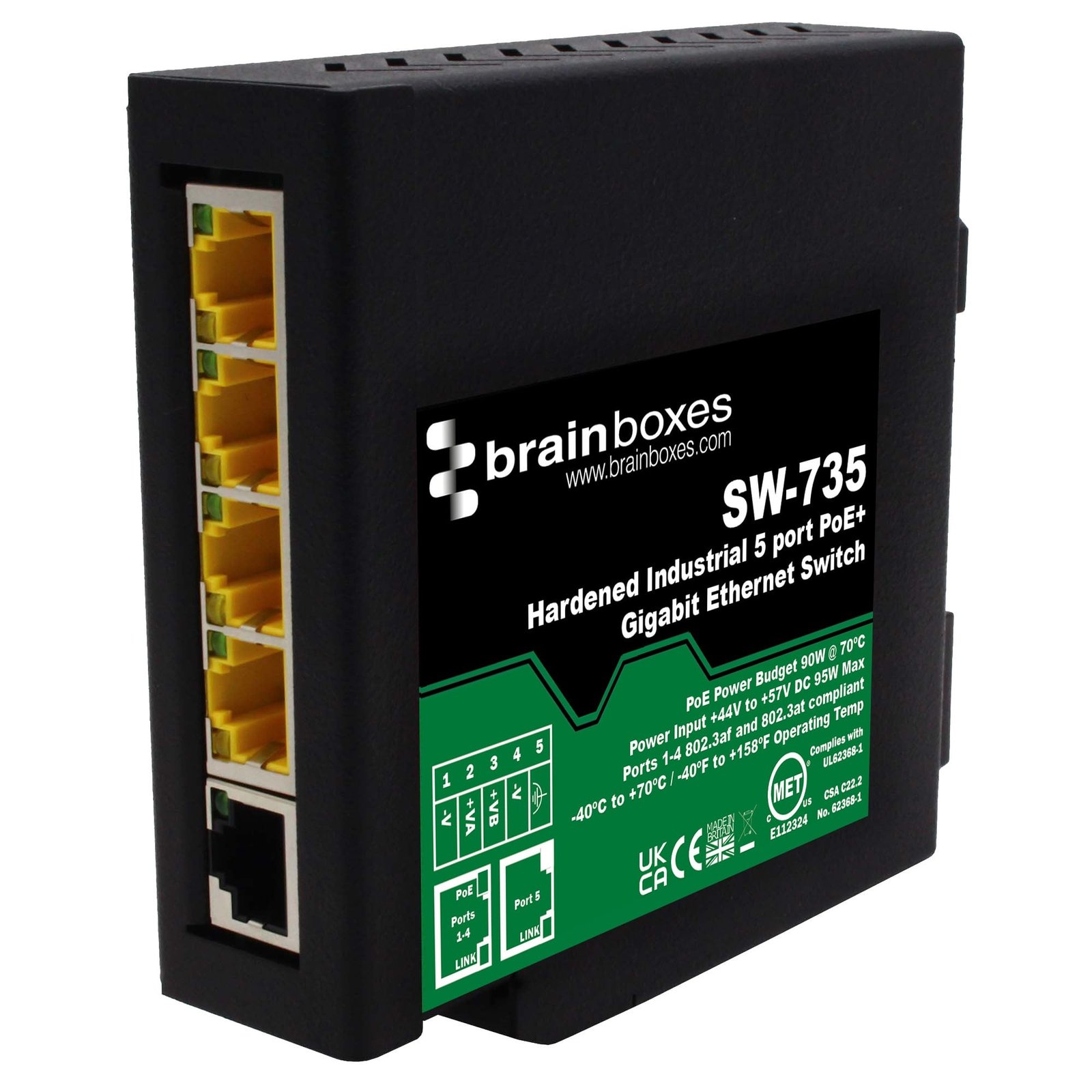 Brainboxes Hardened Industrial 5 Port PoE+ Gigabit Ethernet Switch SW-735
