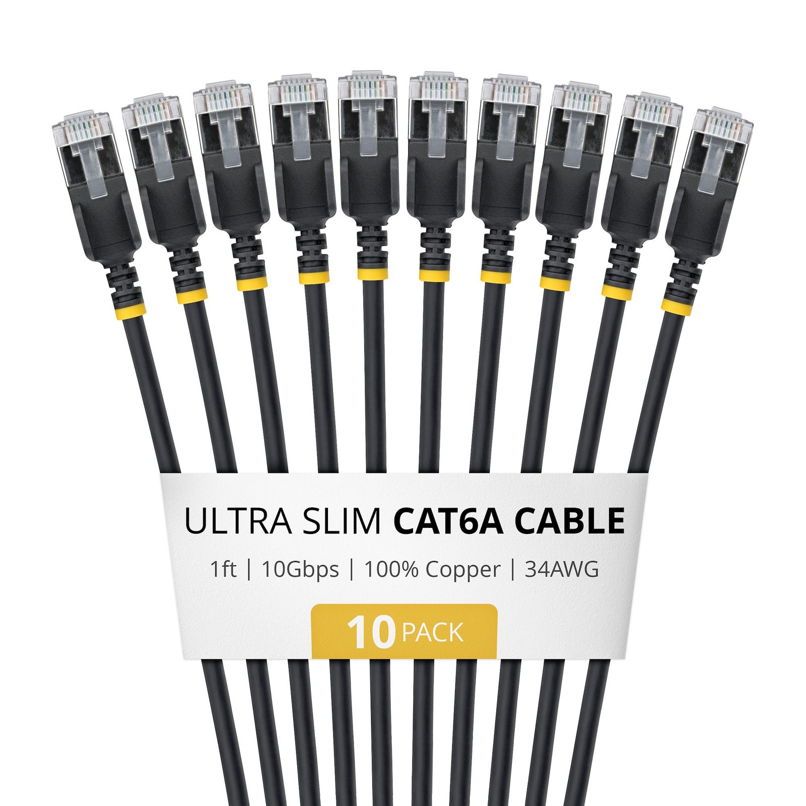 Startech StarTech.com 1ft Black Ultra Slim Cat6A Ethernet Cable, 10 Pack, Snagless, FTP, Pure Bare 6ASTP34BKS1FT10PK