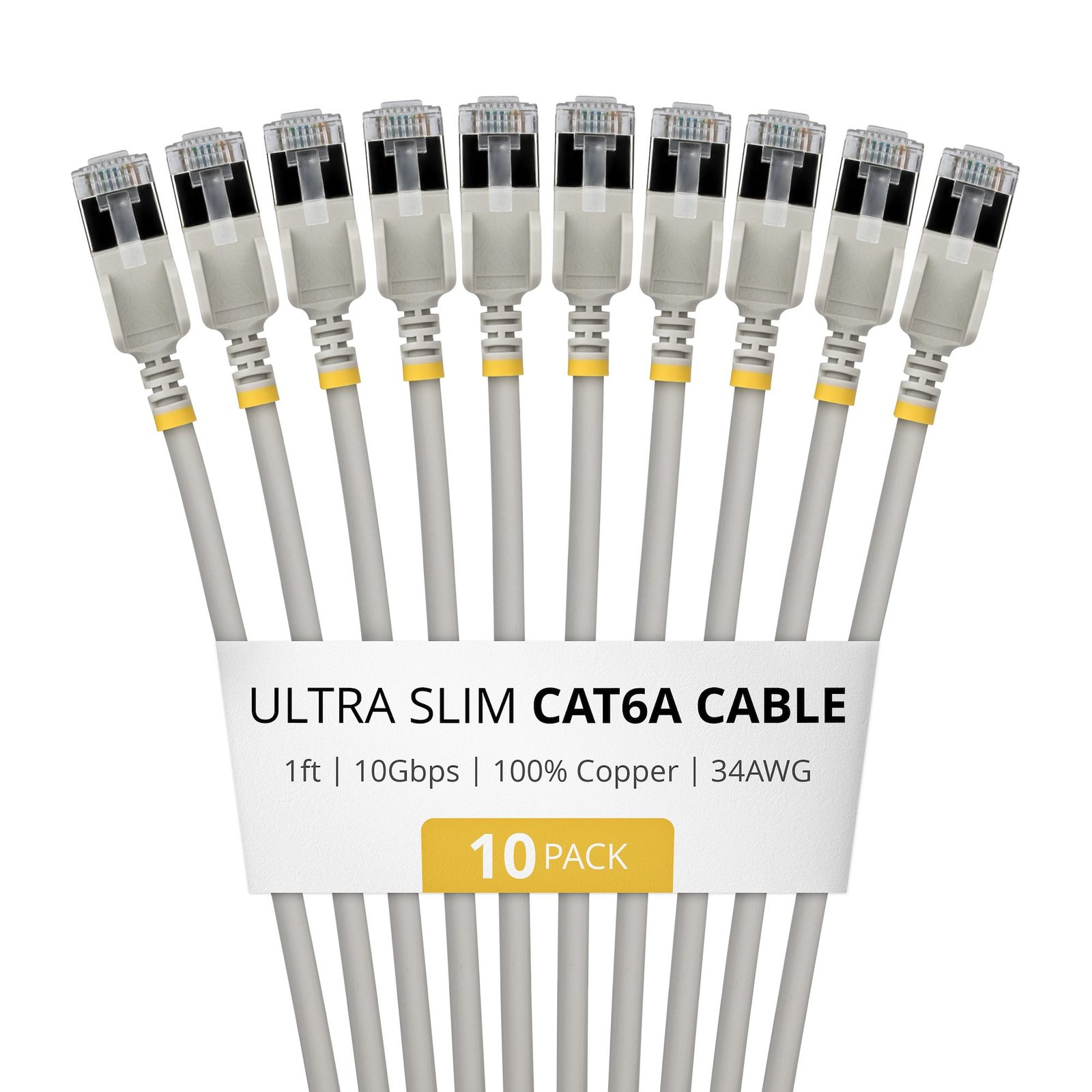 Startech StarTech.com 1ft Gray Ultra Slim Cat6A Ethernet Cable, 10 Pack, Snagless, FTP, Pure Bare 6ASTP34GRS1FT10PK